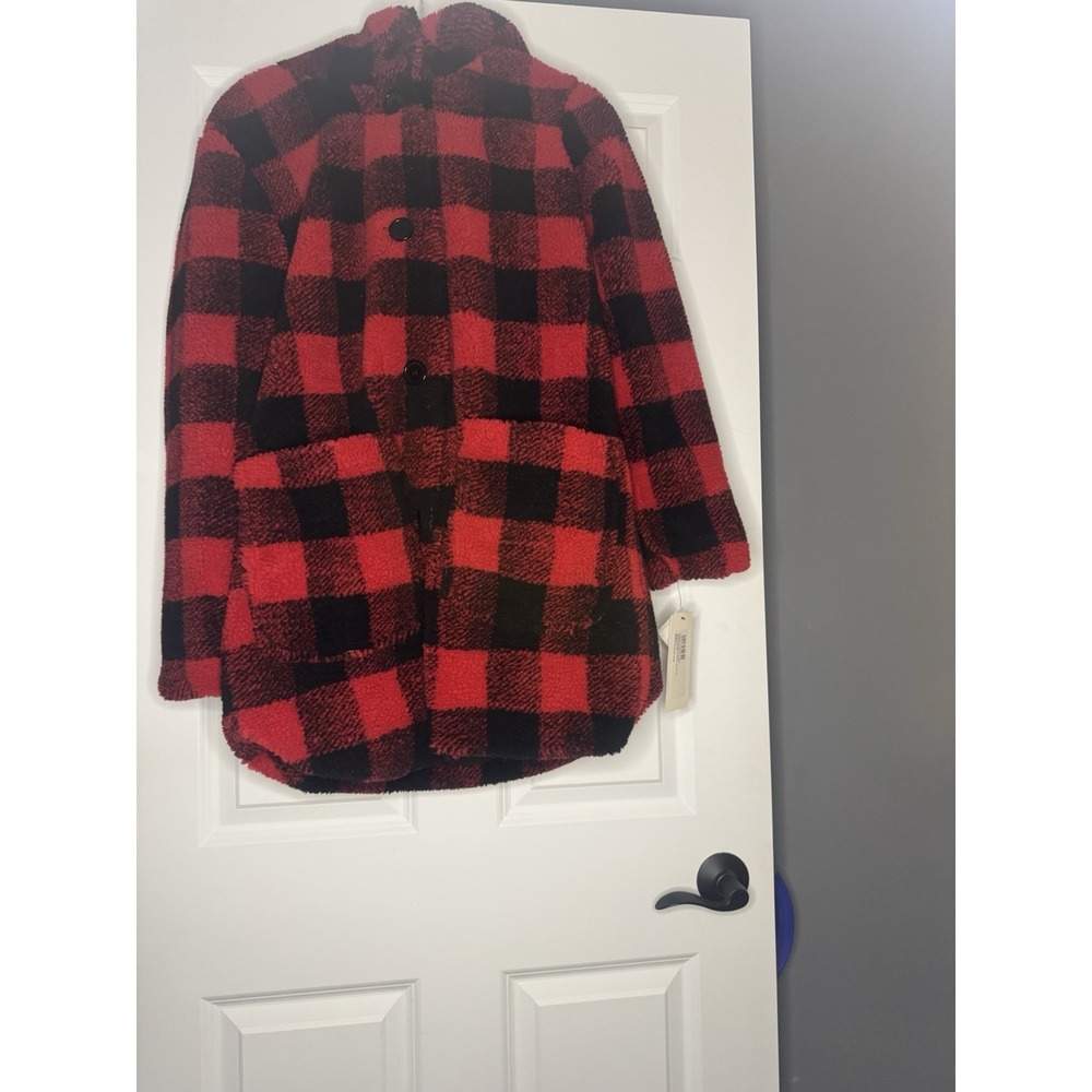 Kensie Reversible Buffalo Check Sherpa Teddy Coat Hooded Cabin core Medium Nwt